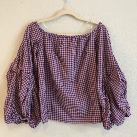 guest editor Tops - Guest Editor Purple & Gray Gingham Puff Sleeve Top